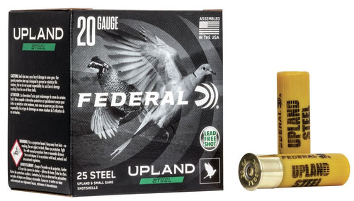Federal Upland Steel 20 Gauge Ammunition 2-3/4" #6 Steel Shot 3/4 Ounce 1500 fps USH206
 Lead Free and Hard Hitting Shells From Federal.  Federal Upland Steel lets you serve up a better pattern to hit those fast and high flying hard to hit birds. These shells are reliable and fast to make the most of the steel payload they are perfect for doves and other light upland birds. And if you want to or have to use lead free these rounds get you back out there. Make sure you pick up a box or two for your next dove or quail hunt.

Federal Upland Steel Ammunition Specifications and Features:
Manufacturers Number USH20 6
20 Gauge
2-3/4" Shell Length
#6 Steel Shot
3/4 Ounce
Quality steel payloads
High velocities
Reliable performance
For fast-paced, high-volume dove hunts and other upland game
Muzzle Velocity 1500 fps
Uses Hunting Doves and other Light Upland Birds
25 Rounds Per Box
