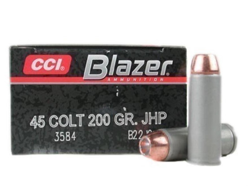 CCI Blazer uses a non reloadable case made from high strength, aircraft gauge aluminum alloy. Clean burning propellants deliver optimum velocity while ensuring consistent chamber pressures. Cases are coated for smooth functioning and corrosion resistance. Non corrosive primers for highly sensitive and reliable performance. Blazer delivers all the performance of high priced ammunition for a fraction of the cost.

50 Round Box 
Features and Specifications:
Manufacturer Number: 3584
Caliber: .45 Colt
Bullet Type: Jacketed Hollow Point
Bullet Weight: 200 Grain
Rounds: 50
Muzzle Velocity: 1000
Muzzle Energy: 444
Casing: Aluminum
Features: 
* Reliable Primers
* Fraction of the cost
* Clean Burning Powders 
Usage: Defence, Plinking, and Training