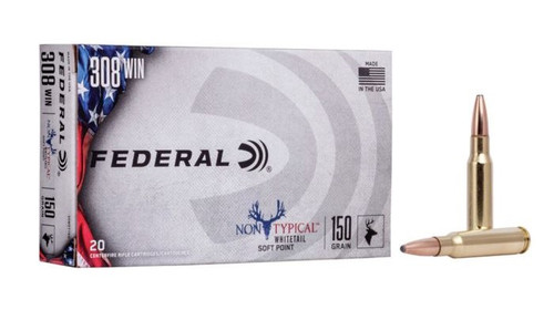 Federal Non-Typical

Whitetails stand apart from all other American big game. Hunt them with ammunition that's just as exceptional. Federal® Non-Typical™ uses an optimized soft-point bullet with a concentric jacket to provide tag-punching accuracy and consistent, lethal wound channels on any deer.

Features:

Accurate, hard-hitting bullet design
Loaded to meet the specific needs of deer hunters
Consistent Federal primer
Precision-drawn Federal brass
Specifications:

Caliber: .308 Winchester
Weight: 150 Grain
Bullet Style: Soft Point
Casing: Brass
Muzzle Velocity: 2,820 fps
Muzzle Energy: 2,648
Ballistic Coefficient: .313
Part #: 308DT150