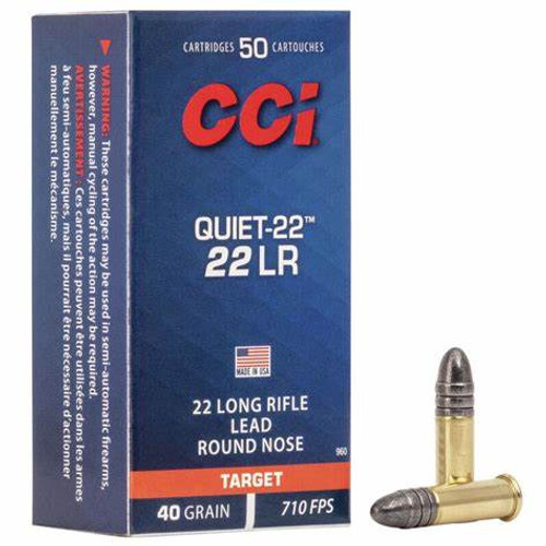 CCI Quiet-22

CCI is known for making some of the best rimfire ammunition on the market and the Quiet-22 ammunition is no exception. This quiet round produces a report that is 1/4 the perceived noise level compared to standard velocity 22 Long Rifle rounds; making this round perfect for backyard plinking, youth shooting, or shooting in areas where noise may be a concern. This round is ideal for shooters using bolt-actions or single shot rifles (but is perfectly safe in semi-automatics although it might not completely cycle the action). This subsonic ammunition is a perfect choice for shooting through your favorite rimfire suppressor. CCI Quiet ammunition is new production and non-corrosive. 

Specifications:

Caliber: .22LR
Weight: 40gr
Bullet Style: LRN
Casing: Brass
Muzzle Velocity: 710 fps
Muzzle Energy: 45 ft. lbs.
Part #: 0960
FEATURES & BENEFITS

Ultra-quiet plinking round in 22-caliber LR rifles
75% reduction in perceived noise of standard velocity .22 LR
Standard CCI .22 LR case
Excellent accuracy and low velocity (710 feet per second)
Better performance than an air rifle with similar noise levels
No hearing protection required
Great for backyard plinking and introducing youth to the shooting sports
Ideal for legal shooting areas where noise may be a concern