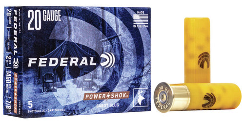 Federal® Power•Shok® sabot slugs offer affordable sabot and rifled slug options in a variety of gauges. These loads provide accuracy and power at an affordable price.

Designed for fully-rifled barrels
Accurate slug performance at an affordable price
Hollow-point projectile offers maximum terminal performance
SPECS
Gauge	20 Gauge
Grain Weight	328
Bullet Style	Sabot Slug
Muzzle Velocity	1450
Type	Lead
Shot Charge Oz	7/8
Shotshell Length	2-3/4in. / 70mm
Ballistic Coefficient	.140
Package Quantity	5
Usage	Medium Game