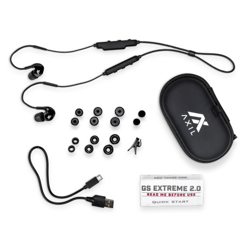 GS Extreme 2.0 delivers 3 products in 1; it’s like having Bluetooth ear buds, noise isolation headphones and electronic earmuffs all in one product. Make these your new ‘Go to Ears’! 

29 dB Single Number Rating (SNR)

Switch between Sound Enhancement & Protection Mode to Bluetooth Audio Mode, or use both at the same time with independent volume controls to tune to your environment.

SOUND ENHANCEMENT & HEARING PROTECTION
5.0 BLUETOOTH AUDIO FOR STUDIO QUALITY AUDIO & HANDS FREE COMMUNICATION
COMPRESSES LOUD SOUNDS AT 85 DB OR LOUDER
6.5 PREMIUM DYNAMIC SPEAKER
0 HZ-40,000 HZ SOUND SPECTRUM
19 DB SNR WITH SILICONE TIPS
29 DB SNR WITH GENERAL FOAM TIPS
29 DB SNR WITH MAX PROTECT FOAM TIPS

 

HOLD DOWN THE MAIN BT BUTTON TO TURN ON AND OFF.
PLUS BUTTON ON BLUETOOTH: ONE PRESS INCREASES VOLUME; LONG PRESS SKIPS SONG
MINUS BUTTON ON BLUETOOTH: ONE PRESS DECREASES VOLUME; LONG PRESS SKIPS SONG
BLUETOOTH BUTTON: ONE PRESS PAUSES MUSIC AND ANSWERS PHONE CALLS; TWO PRESSES CALLS BACK THE PERSON WHO YOU LAST CALLED; THREE PRESSES HANG UP PHONE CALL; LONG PRESS ACTIVATES SIRI FOR IPHONE.
LIGHT IS RED WHEN CHARGING AND TURNS BLUE WHEN DONE.