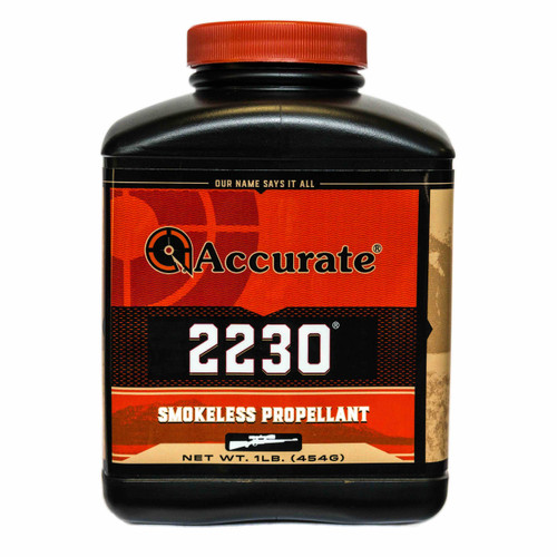 Accurate 2230 is a fast burning, double-base, spherical rifle propellant. This versatile powder was designed around the 223 Remington, but can be used in many small and medium caliber cartridges including the 308 Winchester. 223 also works well in big bore straight wall cartridges such as the 458 Winchester. The excellent flow characteristics and grain size of 2230 make it ideal for progressive loading. Made in USA.