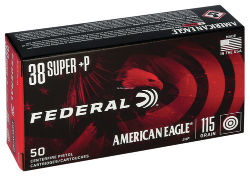 Description
Federal American Eagle .38 Super +P 115 Grain JHP 50/BOX  (power factor =125)
Federal knows you are passionate about your ammunition, which is why they are constantly researching, refining and perfecting every detail to provide products that wont let you down. Proven performance in the field, on the range and whenever it matters most.

50 Round Box

Features and Specifications:
Manufacturer Number: AE38S3
Caliber: .38 Super Automatic +P
Bullet Type: Jacketed Hollow Point
Bullet Weight: 115 Grains
Rounds: 50
Muzzle Velocity: 1130 FPS
Muzzle Energy: 326
Bullet Diameter: Not Available
Bullet Ballistic Coefficient: Not Available
Casing: Brass
Features:
* Accurate and Reliable Ammunition
* Clean Burning Powders
50 Rounds