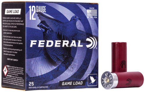 A great choice for small game and upland hunting, Game-Shok Game Load Shotshells from Federal put you hard-hitting loads with consistent patterns in your gun. A big performer during squirrel, rabbit, quail, or dove season, Game-Shok shotshells offer a variety of loads to match your hunt without emptying your wallet. A powerful choice for hunters who know the value of both knockdown power in the field and a dollar, Game-Shok shotshells feature uniform lead shot that provides even, consistent patterns with knockdown power for everything from rabbits to pheasants. High-quality Federal primers ensure reliable ignition in any conditions. 25 rounds per box.

Product Overview
Woods or fields. Fur or feathers. Federal® Game Loads have you covered. They are carefully crafted and packed with features that provide reliable, effective performance on a variety of upland game.

High-quality round shot is formulated for optimum hardness, improving pattern efficiency
Brass-plated steel head and one-piece wad maximize payloads
Select, high-quality propellant and non-corrosive primer deliver efficient, reliable ignition
Specs
Gauge	12 Gauge
Shot Size	6
Shotshell Length	2-3/4in / 70mm
Muzzle Velocity	1290
Type	Lead
Shot Weight	1 oz
Payload Pellets	225
Density	11.35 g/cc
Package Quantity	25
Usage	Upland