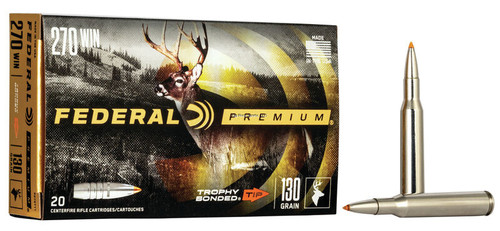 The Trophy Bonded Tip is different than any other hunting bullet, combining bonded construction and a bone-crushing solid copper shank with a boat-tail design and polymer tip that tighten groups at long range. 20 rounds per box.

Additional Specs
Ammunition Type
Rifle
Bullet Weight (grains)
130
Bullet/Shot Composition
Lead
Caliber/Gauge
270 WIN
Package Type
Box
Rifle Bullet Style/Type
Trophy Bonded Tip
Rounds per box
20