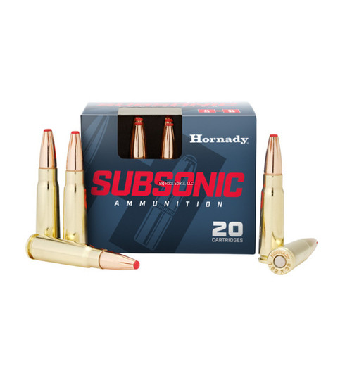 Hornady Subsonic Ammunition is designed for accuracy and performance below the speed of sound. The Sub-X bullet used in Subsonic Rifle features a lead core. Long grooves in its gilding metal jacket combine with the bullet's flat profile and the patented Flex TipÂ® insert within its hollow point cavity to help it expand reliably at low velocities. 20 rounds per box.

Product Overview

Hornady Subsonic Ammunition - designed for accuracy and performance below the speed of sound - now comes in both rifle and handgun loads.

The Sub-X bullet used in Subsonic Rifle features a lead core. Long grooves in its gilding metal jacket combine with the bullet’s flat profile and the patented Flex Tip insert within its hollowpoint cavity to help it expand reliably at low velocities.

Powders are selected for optimal performance and consistency from lot to lot.

Specifications:


Projectile Weight: 255 Grains
Bullet Type:Sub-X
Quantity: 20 Rounds
Muzzle Velocity: 1050 fps
Muzzle Energy: 624 ft/lbs
Ballistic Coefficient: 0.365 (G1)
Sectional Density: 0.374