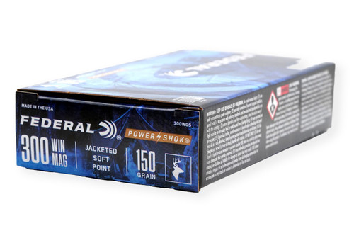 Federal Power-Shok

The only tag these loads won't fill is the price tag. The traditional lead-core hunting bullets in Federal® Power•Shok® rifle loads provide solid accuracy and power at an affordable price. They feature reliable Federal brass, primers and powder and are suited to a wide variety of medium and big game.

Features:

Consistent, proven performance
Load and bullet designs for everything from varmints to big game
Affordably priced
Specifications:

Caliber: .300 Winchester Magnum
Weight: 150 Grain
Bullet Style: Soft Point
Casing: Brass
Muzzle Velocity: 3,150 fps
Muzzle Energy: 3,305 ft. lbs.
Part #: 300WGS