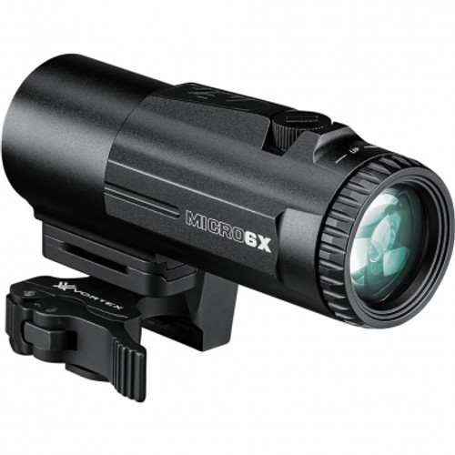 Vortex Micro 6x Magnifier with Quick-Release Flip Mount
VT-V6XM
 
Easy on, easy off, and built to fit seamlessly onto your rifle, the Micro6x Magnifier delivers an incredibly compact 6x optical system that takes your red dot farther, maximizing the versatility of your weapon. Ultracompact, the Micro6x Magnifier still provides durable, robust functionality that stands up to abuse in the field. The cam lock system of the adjustable flip mount engages or disengages with direct pressure, allowing you to raise and lower the magnifier quickly and easily. You also get everything you need to mount up, right out of the box: Take your pick of three mounting heights (absolute co-witness, lower 1/3 co-witness, and 1.93 inches with included riser) and hit harder, farther than you ever thought possible.

SKU	VT-V6XM
Magnification	6x
Objective Lens Diameter	28 mm
Eye Relief	2.5 inches
Linear Field of View	19.1 feet @ 100 yds
Angular Field of View	3.7 degrees
Turret Style	capped
Length	4.3 inches
Weight	10.9 oz
Product Manual (.pdf)	Download PDF
Included in the Box
Quick-Release Flip Mount
3 Screw Sets
1.93" Riser Plate
Lower 1/3 Co-Witness Riser Plate
Rubber Lens Covers
Lens Cloth
3mm Hex Tool

 
VIP Unconditional Lifetime Warranty
Features
Optical System	Compact 6X optical system that takes your red dot and holographic sight farther.
Snag-Free Design	Recessed turrets provide a snag-free design.
Multi-Height Mount System	Take your pick of three mounting heights (absolute co-witness, lower 1/3 co-witness, and 1.93 inches with included risers).
Camlock System	Integrated quick-release allows for fast attach/detach while camlock engages/disengages magnifer with direct pressure.
Fully Multi-Coated	 Anti-reflective coatings on all airto-glass surfaces provide increased light transmission for greater clarity and low-light performance.
Aircraft-Grade Aluminum	Constructed from a solid block of aircraft-grade aluminum for strength and rigidity.
Low-Glare Matte Black Anodized	Corrosion and wear resistant anodization provides low-glare matte surface and helps camouflage the shooter's position.
Waterproof	Designed to withstand harsh weather conditions.
Shockproof	Designed to withstand the highest levels of recoil and impact.