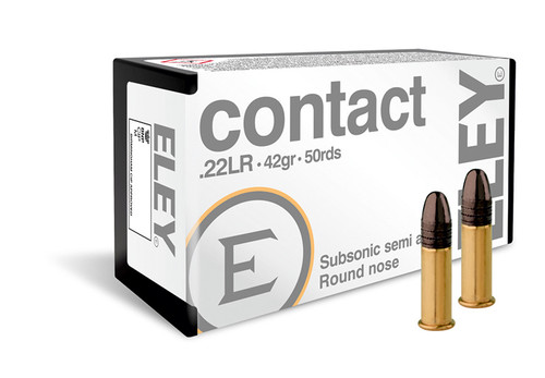 ELEY contact overview
ELEY contact is a subsonic semi-automatic .22LR round designed to deliver extreme accuracy and improved knock-down performance with a softer sound and minimal recoil.

The reduced recoil delivers quicker sight picture recovery important for the competitive semi-automatic shooter.

Both ELEY force and ELEY contact are engineered with a heavier 42 grain bullet for high energy and are coated in a specially formulated paraffin wax to minimise build-up in actions and magazines.

 
 
key features
 
 
 
Subsonic
Designed specifically for .22LR semi-auto firearms
Excellent cycling
Superb accuracy with less recoil than other semi-auto cartridges for quick sight picture recovery
Quieter than other .22LR semi-auto cartridges
 
Strike Depth – 0.012-0.015 in
Recommended headspace 00.040-00.041 in
Mean Velocity is determined in ELEY Rifle test barrels. Results may vary in your firearm.
Drag Model – RA4
Ballistic Coefficient 0.112
 
