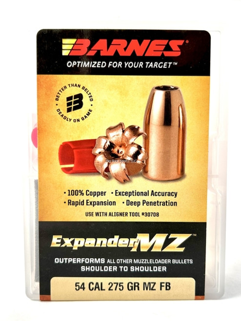 Product Information
Caliber: 54 Cal
Type: MZ FB
Weight: 275
Diameter: .500
S.D.: 0.157
B.C.: 0.184
Length: 0.871
Box QTY: 24
Catalog: #30679
This muzzleloader version of the X-Bullet is 100 percent copper with a large, hollow cavity for quick, sure expansion. Barnes' Expander MZ™ Muzzleloader Bullets produce more consistent shot-to-shot velocities and better accuracy than competing bullets deliver. The result? Greater shooter confidence and more one-shot kills. Expander MZ bullets deliver deadly performance at both high and low velocities. Expand to twice their original diameter, creating six razor-sharp copper petals that slice through game. No fragmentation–these tough, deep-driving bullets typically retain 100 percent of their original weight.

100% Copper
Exceptional Accuracy
Full weight Retention
Razor Sharp Cutting Edges
Double-Diameter Expansion
Deep Penetration
Effective at High and Low Velocities
No Fragmentation
Recommended for In-Line Rifles
This is not loaded ammunition.