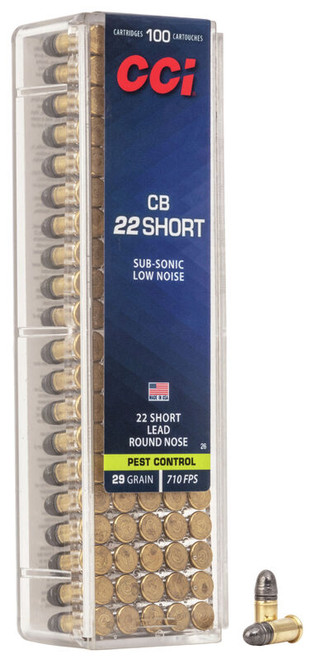 Caliber: 22 Short
Bullet Type: Lead Round Nose (LRN)
Bullet Weight: 29 gr
Muzzle Energy: 32 ft lbs
Muzzle Velocity: 710 fps
Casing Material: Brass
Sub Brand: CB Short
Rounds Per Box: 100