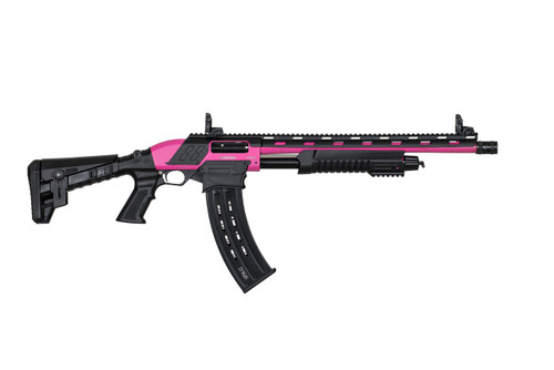 Federation Firearms SPM-12, 12ga 3″ magazine-fed pump action shotgun. 18.7″ barrel, adjustable stock, full length polymer barrel rail, 3 chokes (C, M, F), flash hider, flip-up sights, branded sling, 1 10-round magazine. Prison Pink finish. Made in Turkey, non-restricted in Canada