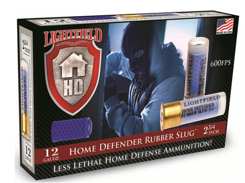 Brand

Lightfield

Model Number

LFHDRS12

Gauge

12 Gauge

Shot Type

                              Home Defense Rubber Slug

Shot Size

Slug

Rounds Per Box

5 Rounds Per Box

Boxes Per Case

 10 Boxes Per Case

Shell Length (inches)

2-3/4”

Muzzle Velocity

600 Fps