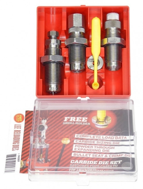 Lee 338 Winchester Magnum Pacesetter 3-Die Set includes Full Length Sizing Die, Easy Adjust Dead Length Bullet Seating Die, Factory Crimp Die, Universal Shell Holder, Powder Dipper and Instructions/Load Data. Select this die set if you are reloading mixed range brass.