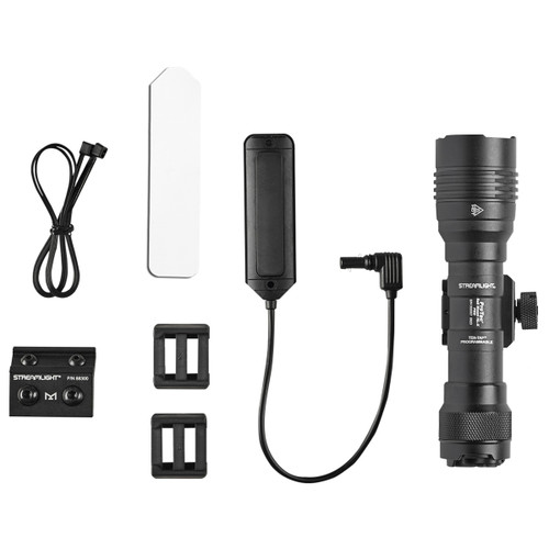 Long Range, Gun-Mounted Tactical Light
Part Numbers List
The ProTac® Rail Mount HL-X Pro is a long range, low-profile, gun-mounted light that produces 50,000 candela and shines for 447 meters. Its Jack-Cap® tail cap switch offers operational switch redundancy with both push-button operation or remote pressure switch operation.
Multi-Fuel: Uses (1) Streamlight SL-B26® protected Li-Ion USB rechargeable battery pack; also accepts (2) CR123A lithium batteries
TEN-TAP® Programming Allows for Selection of Three Different Operating Programs:
1) High/Strobe  2) High Only  3) Low/High
High: 1,000 lumens; 50,000 candela; 447m beam distance; runs 1.25 hours (CR123A); runs 1.75 hours (SL-B26)
Low: 60 lumens; 3,100 candela; 111m beam distance; runs 21 hours (CR123A); runs 24 hours (SL-B26)
Strobe: runs 2.5 hours (CR123A); runs 3.5 hours (SL-B26)
Product Specifications
High Lumens
1,000
Run Time on High
1.25 hours
Run Time on Low
21.00 hours
Beam Distance
447 meters
Max Candela
50,000
Battery Type
CR123A Lithium, SL-B26 Rechargeable Battery Pack
Battery Quantity
1 - 2
Length
5.43 inches (13.79 centimeters)
Weight
6.60 ounces (187.11 grams) - 7.20 ounces (204.12 grams)
Colors
Black Long Range, Gun-Mounted Tactical Light
Part Numbers List
The ProTac® Rail Mount HL-X Pro is a long range, low-profile, gun-mounted light that produces 50,000 candela and shines for 447 meters. Its Jack-Cap® tail cap switch offers operational switch redundancy with both push-button operation or remote pressure switch operation.
Multi-Fuel: Uses (1) Streamlight SL-B26® protected Li-Ion USB rechargeable battery pack; also accepts (2) CR123A lithium batteries
TEN-TAP® Programming Allows for Selection of Three Different Operating Programs:
1) High/Strobe  2) High Only  3) Low/High
High: 1,000 lumens; 50,000 candela; 447m beam distance; runs 1.25 hours (CR123A); runs 1.75 hours (SL-B26)
Low: 60 lumens; 3,100 candela; 111m beam distance; runs 21 hours (CR123A); runs 24 hours (SL-B26)
Strobe: runs 2.5 hours (CR123A); runs 3.5 hours (SL-B26)
Product Specifications
High Lumens
1,000
Run Time on High
1.25 hours
Run Time on Low
21.00 hours
Beam Distance
447 meters
Max Candela
50,000
Battery Type
CR123A Lithium, SL-B26 Rechargeable Battery Pack
Battery Quantity
1 - 2
Length
5.43 inches (13.79 centimeters)
Weight
6.60 ounces (187.11 grams) - 7.20 ounces (204.12 grams)
Colors
Black