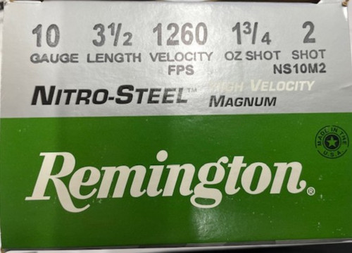 10 Gauge, Remington Nitro-Steel High Velocity, 3 1/2", #2 Zinc Plated Steel Shot, 1 3/4 Ounce, 25 Round Box.

Looking for premium performance without the premium price? Nitro-Steel™ delivers. Greater hull capacity means heavier charges and larger pellets, which makes these loads ideal for large waterfowl. Nitro-Steel™ delivers denser patterns for greater lethality and is zinc plated to prevent corrosion. Available in a complete line of full payloads and high velocity, Nitro-Steel™ is a luxury everyone can afford.

Key Features:
New high velocity loadings.
Greater hull capacity means heavier charges and larger pellets.
Complete line for all waterfowl hunting situations.
Zinc plated to prevent corrosion.
Wet Pruf™ sealed at primer and mouth.

Non-returnable item.
Muzzle velocity: 1260 fps.
Uses: Ducks, Small Geese.