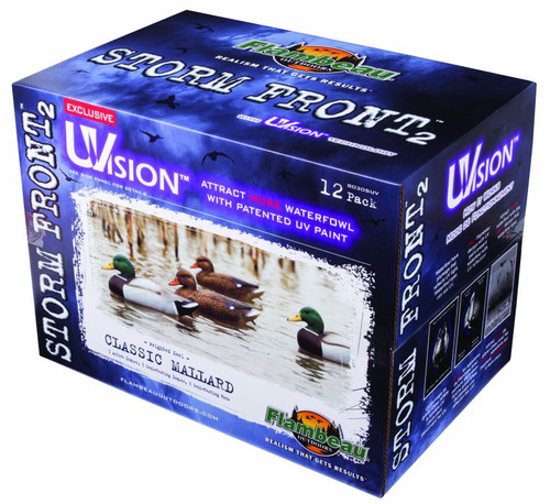 Our banner decoy series takes its name after the most anticipated phenomenon of the waterfowl season—the arrival of fresh birds with a storm front. Carved by renowned master carvers Tom Christie, Dave Van Lanen and Rich Smoker, Storm Front 2 decoys are a deadly fusion of what the birds need and the hunter demands—unsurpassed realism and unequivocal durability. From a proprietary polymer blend for "battleship" longevity in the field to the ultra-visible, ultra-violet and ultra-effective use of UVision paint technology, the Storm Front 2 series has duping the ducks season after season down to a perfect science.

Includes: (3) Active Drakes, (3) Semi-resting Drakes, (6) Semi-resting Hens

Patented UVision paint technology (see Technology Details below)
High-definition winter plumage paint scheme
Full size (14")
Proprietary keel design features (4) tie-off points for versatile motion in current or wind and depth adjusting anchor eyelet
Technology:

Undetectable to the human eye, waterfowl feathers naturally reflect UV light to produce a living signature that inflight ducks and geese use to evaluate the authentic "safety" of a potential landing zone. Flambeau's patented UV paint replicates this ultra-violet reflection of live waterfowl plumage to use avian biology in the hunter's favor. Exclusive to Flambeau decoys, nothing outperforms the science of UVision technology to decoy more birds season after season, hunt after hunt. Let science seal the deal.