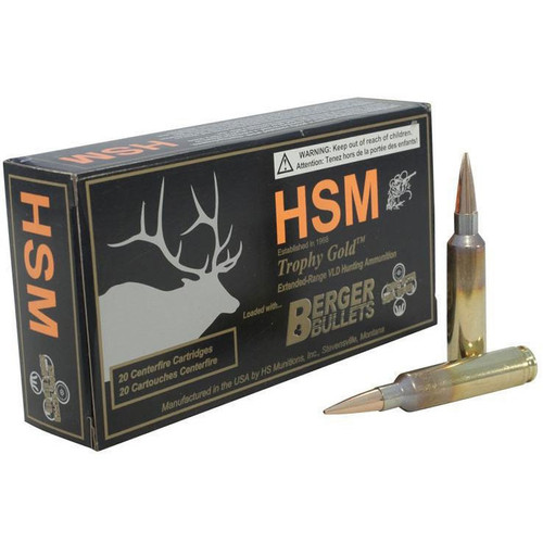 HSM has become known as one of the top ammunition manufacturers in the country. HSM utilizes the highest quality components to offer extremely consistent, accurate, and high performing ammunition to shooters, hunters, and law enforcement.

The Berger Hunting bullet line features Very Low Drag (VLD) bullets that have the highest possible ballistic coefficient designed for 300 yards or more. The VLD design incorporates a sharp nose that allows the bullet to penetrate 2" to 3" before it starts to expand. After the initial expansion, the bullet will shed between 40% and 85% of its weight as shrapnel into the surrounding tissue (internal organs).

The combination between the shrapnel and the hydrostatic shock produces a massive wound cavity within the vital area that will be 13" - 15" long. This massive wound cavity results in the animal dropping fast since most go into shock after such a tremendous blow.



Cartridge	25-06 Remington
Best Use	Hunting
Grain Weight	115 Grains
Quantity	20 Round
Muzzle Velocity	3165 Feet Per Second
Muzzle Energy	2559 Foot Pounds
Bullet Style	Jacketed Hollow Point
Bullet Brand And Model	Berger Hunting VLD (Very Low Drag)
Lead Free	No
Case Type	Brass
Primer	Boxer
Corrosive	No
Reloadable	Yes
G1 Ballistic Coefficient	0.466
Sectional Density	0.249
Velocity Rating	Supersonic
Country of Origin	United States of America
