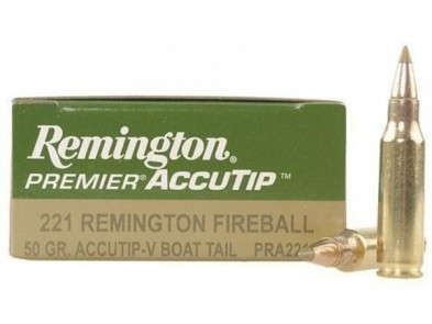 Remington Premier Accutip V 221 Remington Fireball Rifle Ammo - 20 Rounds - In varmint calibers, AccuTip-V combines superb flight characteristics and match-grade accuracy with a design optimized for explosive on-game results. At impact, AccuTip’s gold polymer tip is driven rearward causing the thin jacket and soft lead core to fragment violently. First and foremost, it gets there precisely shot after shot. It’s the most accurate varmint bullet you can shoot.

 

Superb Flight Characteristics And Match-Grade Accuracy
Flat Trajectory And Explosive Expansion
Gold Polymer Tip

Specifications
Cartridge	221 Remington Fireball
Bullet Type	AccuTip
Grains	50
Cartridge Case	Brass
Muzzle Velocity	2995 FPS
Pack Quantity	20
Use	Hunting