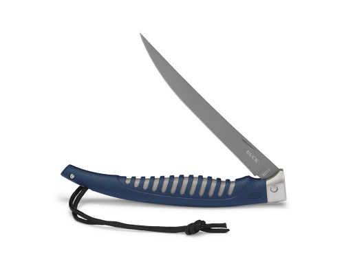 Safe, reliable and durable. This folding fillet knife has a titanium coated blade and is designed for added flexibility and corrosion resistance, a rubberized anti-slip grip and a stainless steel safety guard. The convenient size when folded makes this knife convenient to carry on any fishing trip. Length 7 1/4" closed. Imported.

Heat Treated
Each blade is put through a rigorous heat treat process and quality performance test.

Lifetime Warranty
We warranty each Buck knife to be free from defects and workmanship for the life of the knife.

Product Specifications
Product Specifications
Attribute	Blue
Blade Shape	Fillet
Blade Steel	420J2
Blade Thickness	0.075"
Blade Length	6 1/2" (16.5 cm)
Weight	6 oz.
Handle	Polypropylene
Carry System	Lanyard Hole
Origin	Imported
Warranty
Forever Warranty
We warranty each and every Buck knife to be free of defects in material and workmanship for the life of the knife, and we will repair or replace with a new Buck knife, at our option, any Buck knife that is defective. Buck Knives does not warrant its products against normal wear, misuse, or product modifications.