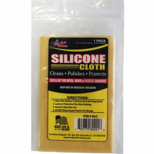 Description
Pro-Shot Silicone Cloth- SILC
Silicone Cloth 14″ x 15″ -210 Square Inches  (Yellow Cotton Flannel)  Made in USA

Our Silicone cloth has become a shooters favorite, made of double napped 100% American cotton flannel and double treated with pure silicone.

Removes fingerprints, potentially corrosive epidermal oils, polishes, and cleans.  Packaged in a reclosable poly bag.

After use place cloth back into reclosable poly bag to help cloth stay moist after use.