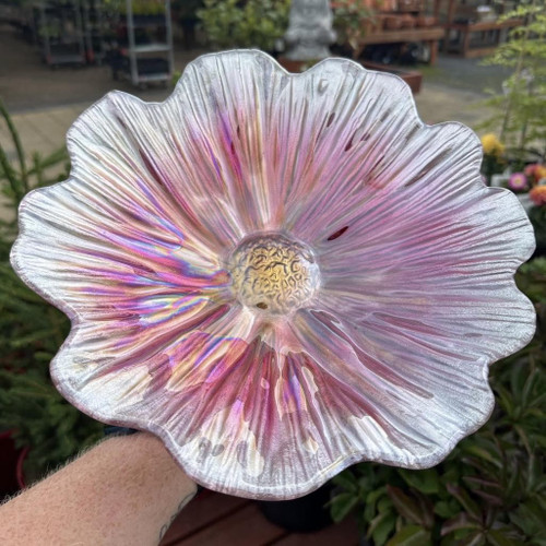 Pink Daisy Glass Bird Bath On Stake