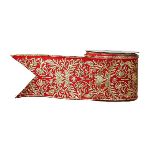 RAZ Ribbon - Red Embroidered Wired Per Metre