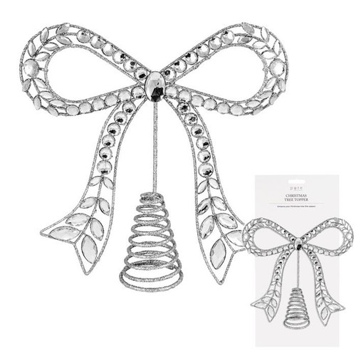 Metal Bow Topper Glitter 26cm Silver