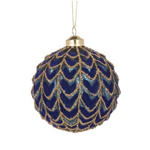 Bauble - Blue Pleated Ball Navy/Gold 10cm Blue