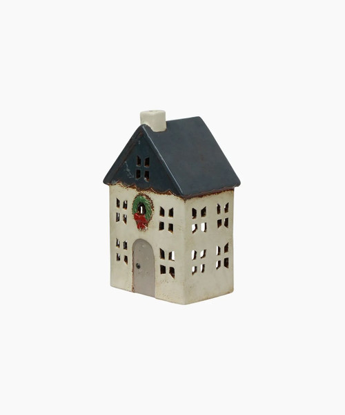 Christmas Tea Light House With Wreath Small Blue