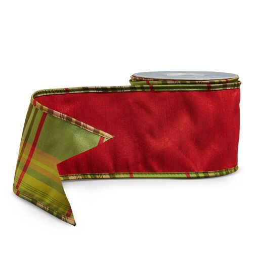 RAZ Ribbon - Red With Plaid Back Wired Per Metre