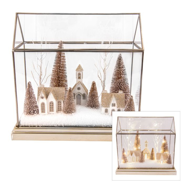 Acrylic House Scene With Lights 33cm Champagne