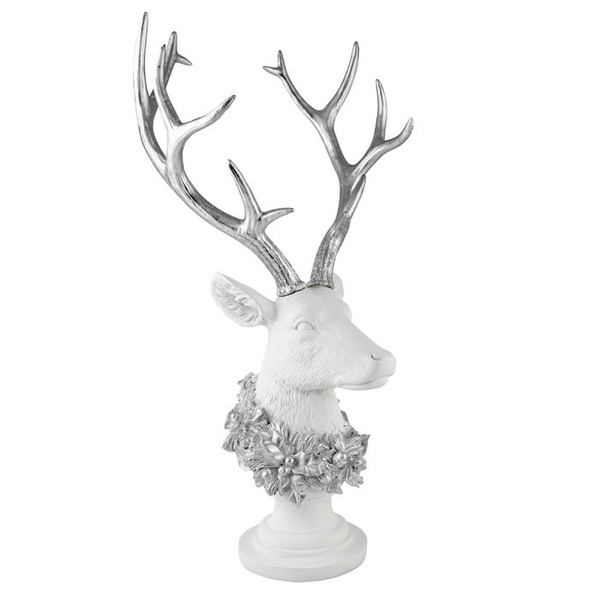Resin Deer Head On Stand  65cm White/Silver