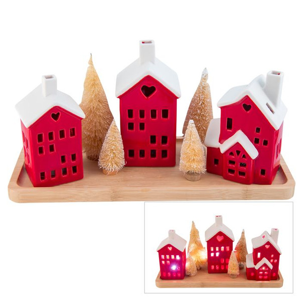 Rect. Christmas LED House Set 35cm Red