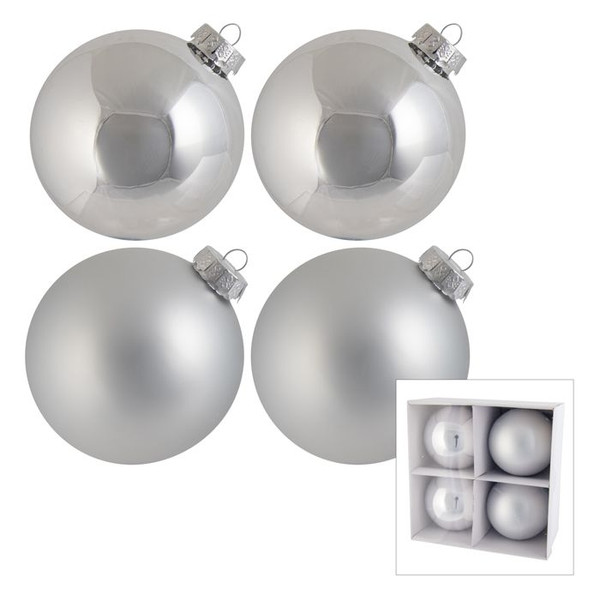 Glass Bauble - Silver Asst 4pk 10cm Silver