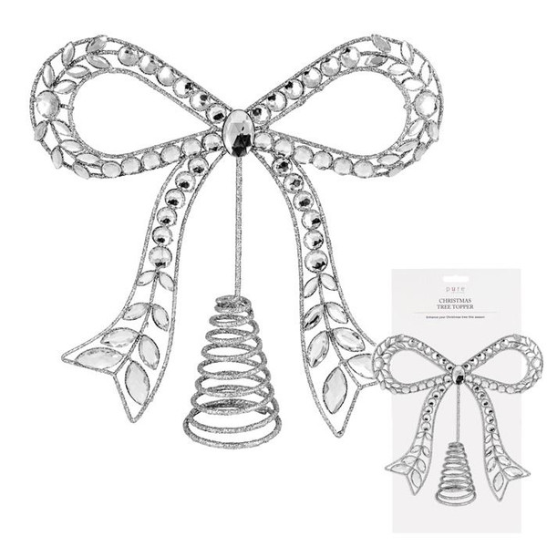 Metal Bow Topper Glitter 26cm Silver
