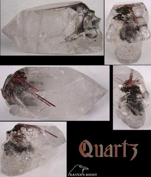 Raven's Carved Rutilated & Rainbowed Quartz Skull Wand