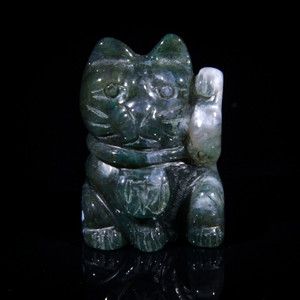 Moss Agate Lucky Cat Maneki Neko Crystal Carving