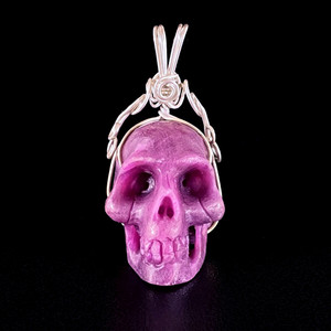 Raven's Carved Gem Ruby Crystal Skull Wire Wrap Pendant