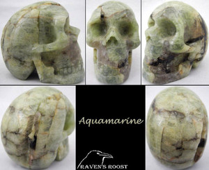 Raven's Carved  Aquamarine Crystal Skull with Black Tourmaline