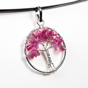 Pink Rubellite Tourmaline Crystal Tree of Life Silver Wrapped Pendant