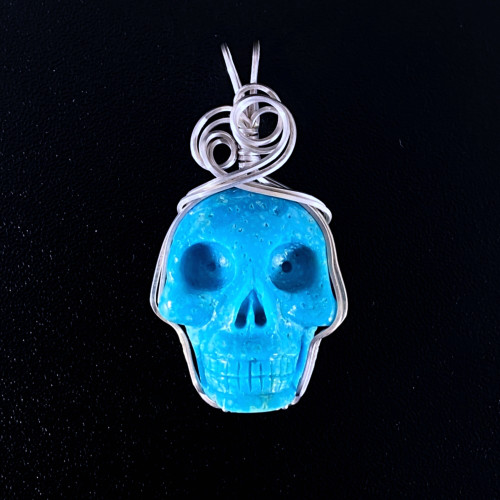 Raven's Carved Turquoise Crystal Skull Sterling Silver