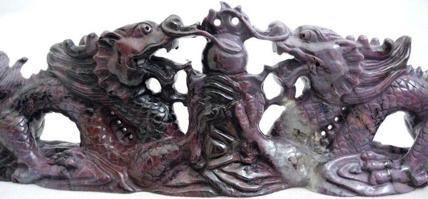 Ornately Carved Gem Sugilite Double Dragons Carving