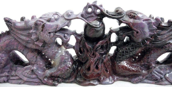 Ornately Carved Gem Sugilite Double Dragons Carving