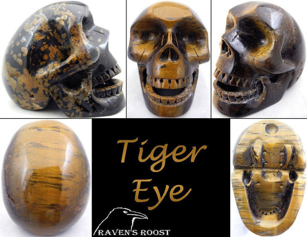 Raven's Carved Singing Style Tigereye Crystal Skull