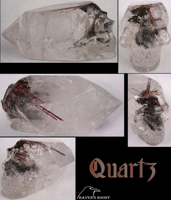 Raven's Carved Rutilated & Rainbowed Quartz Skull Wand