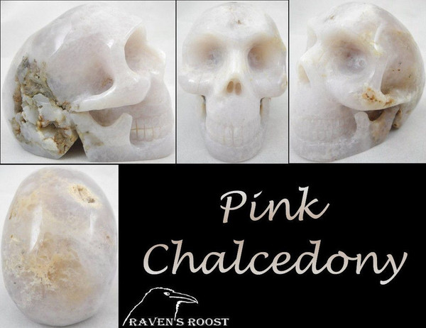 Raven's Carved Pink Chalcedony Crystal Skull