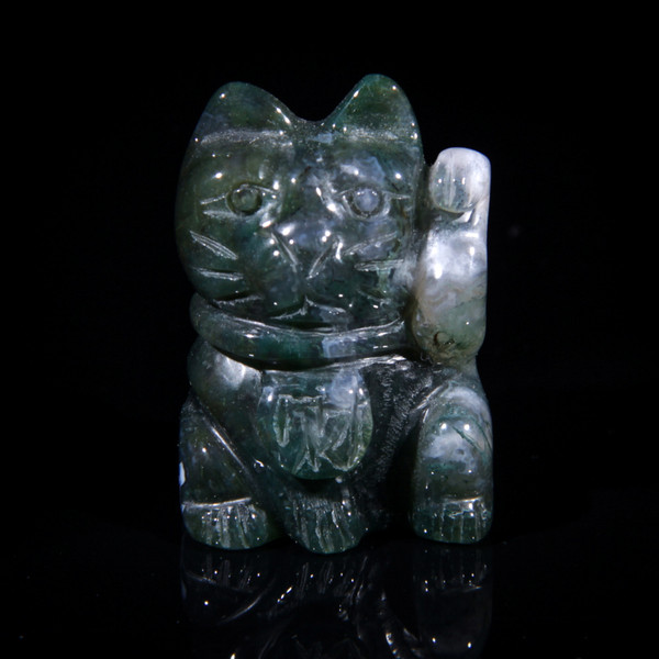 Moss Agate Lucky Cat Maneki Neko Crystal Carving