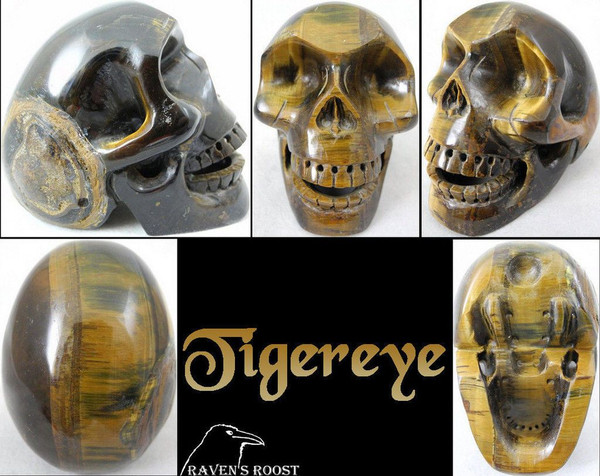 Raven's Hand Carved Tigereye Crystal "Singing" Skull